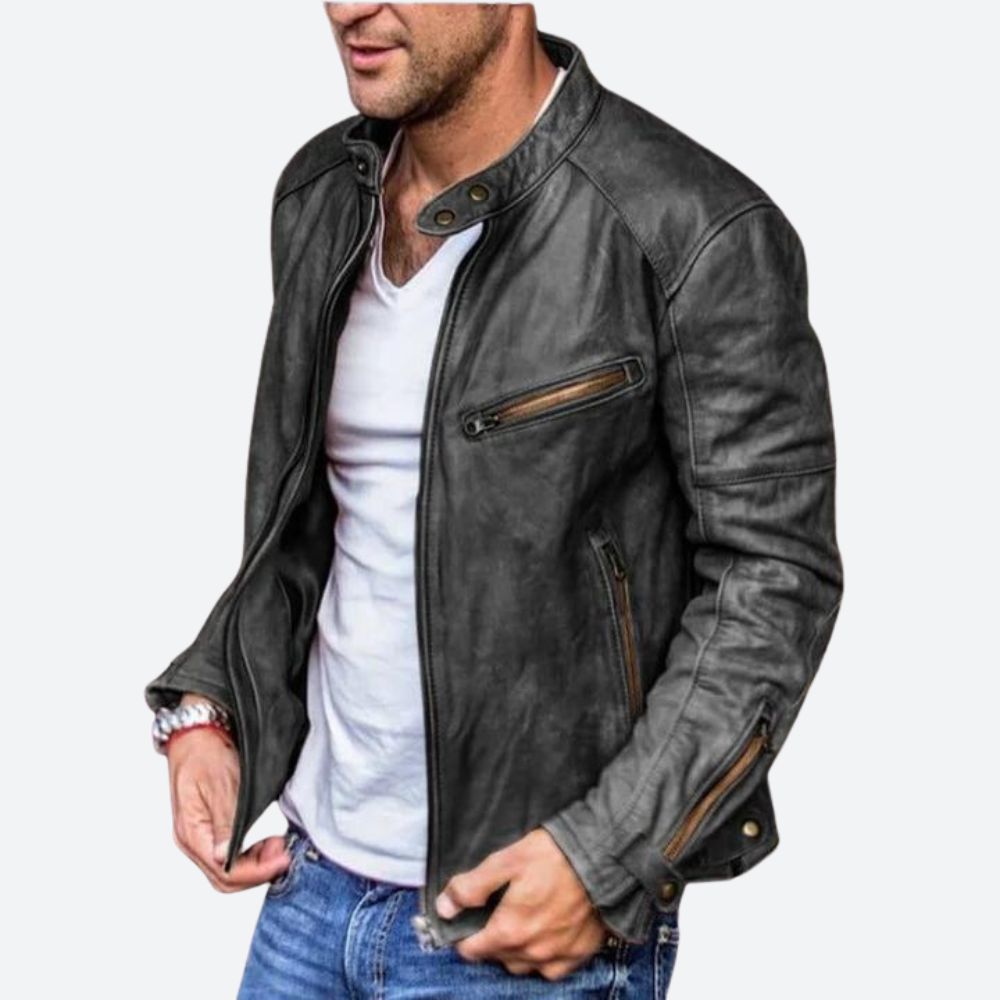 Stilvolle Geftterte Herren Lederjacke Fotos