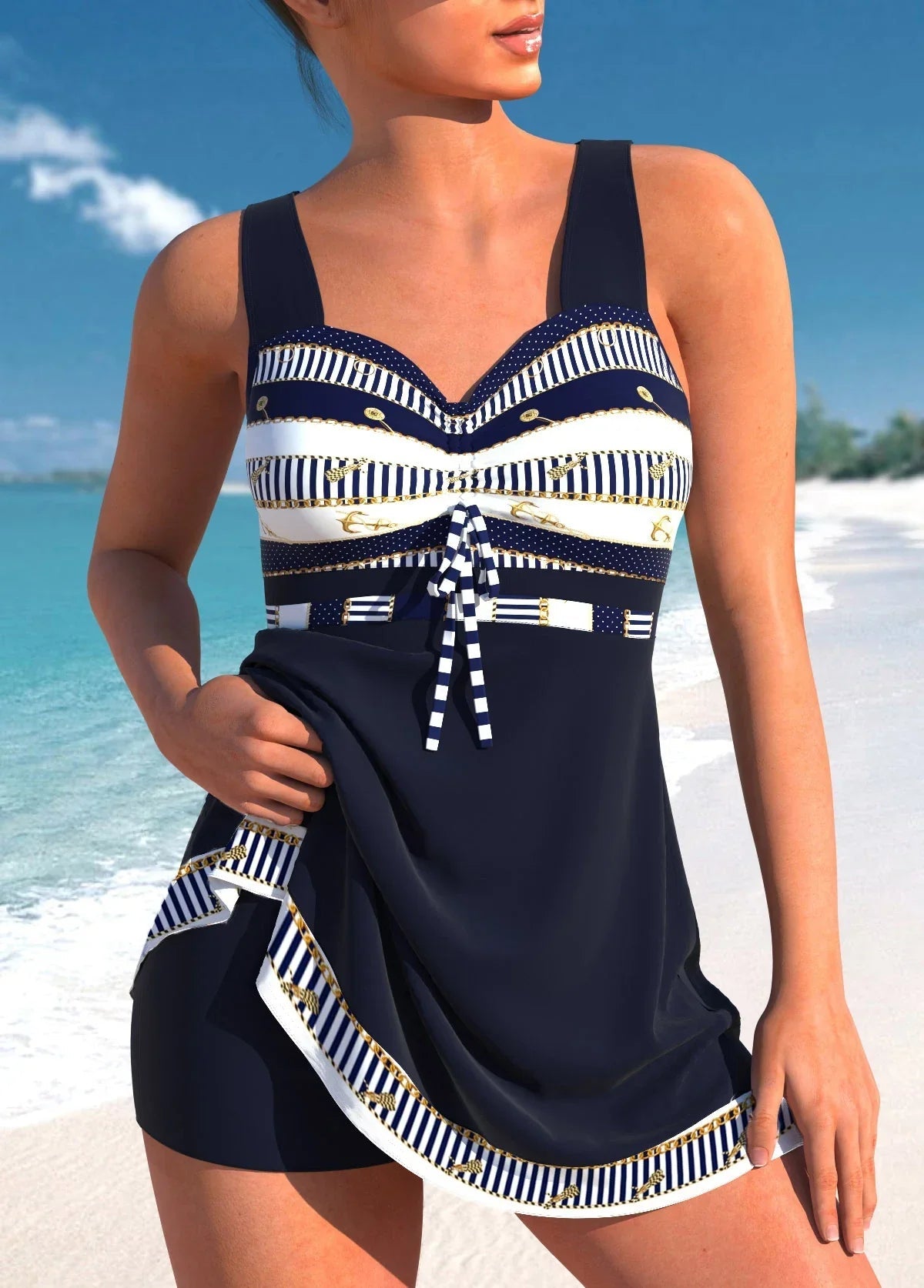 Blauer leichter Tankini Bikini: Schmal geschnitten, Patchwork-Design