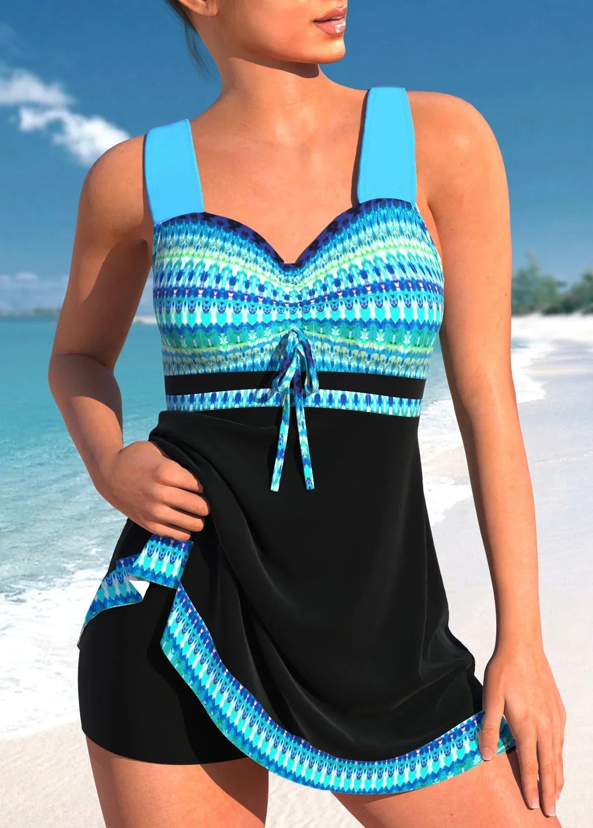Blauer leichter Tankini Bikini: Schmal geschnitten, Patchwork-Design