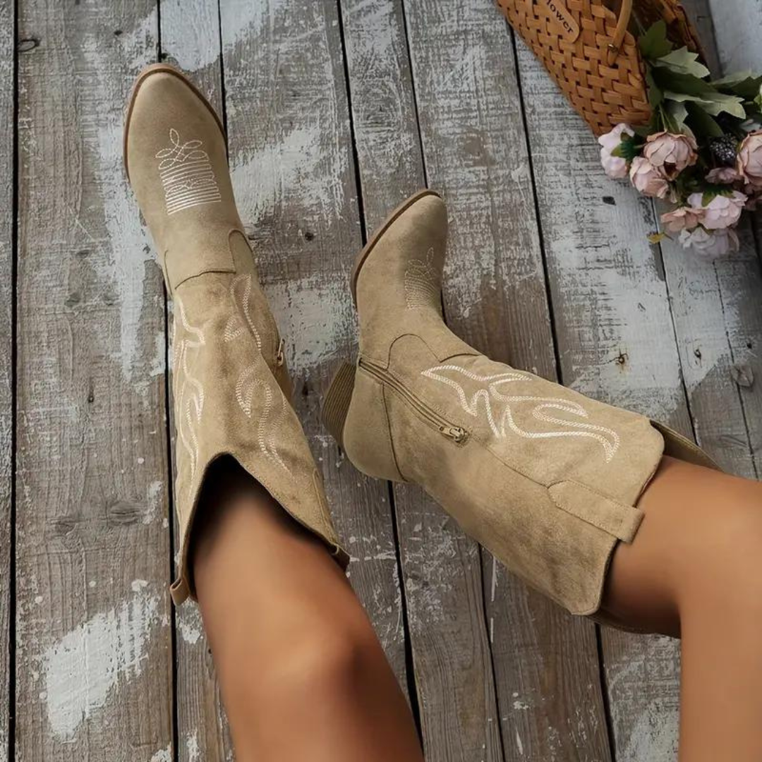 Damen Cowboy Stiefel Kniehoch Spitz mit Blockabsatz und Reißverschluss
