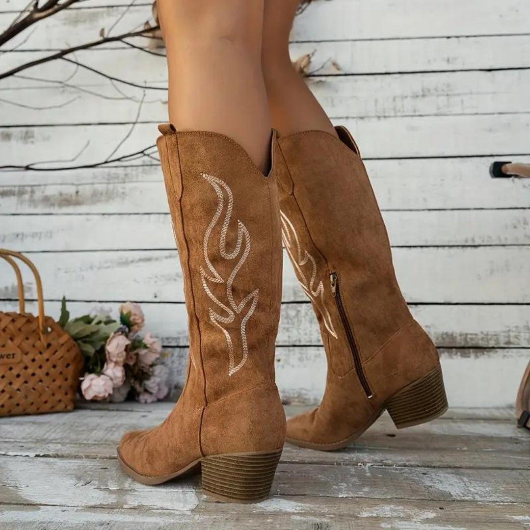Damen Cowboy Stiefel Kniehoch Spitz mit Blockabsatz und Reißverschluss