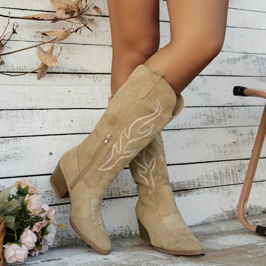 Damen Cowboy Stiefel Kniehoch Spitz mit Blockabsatz und Reißverschluss