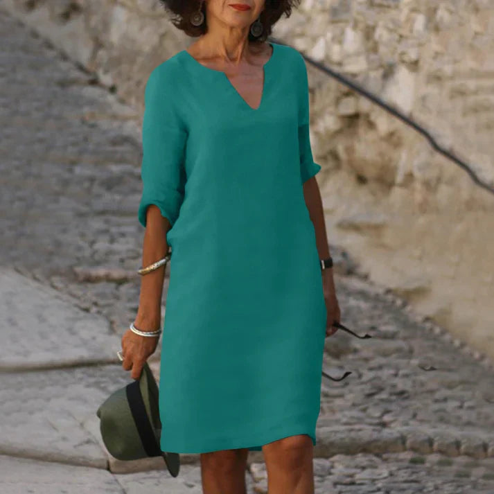 Elegantes Leinen-Sommerkleid mit V-Ausschnitt