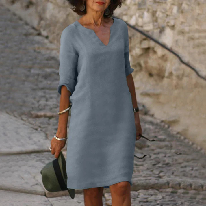 Elegantes Leinen-Sommerkleid mit V-Ausschnitt