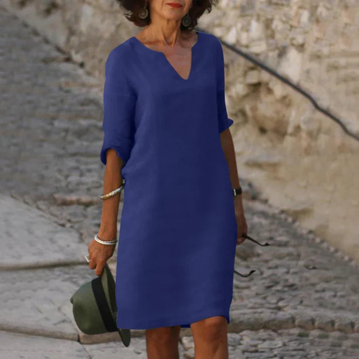 Elegantes Leinen-Sommerkleid mit V-Ausschnitt