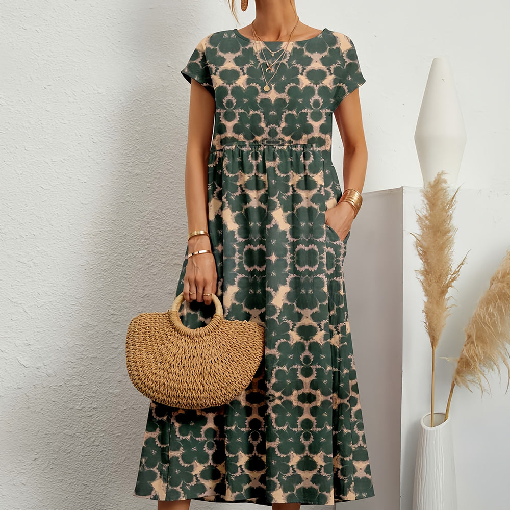 Leinen-Baumwoll-Midikleid: Locker, Kurzarm, Rundhals