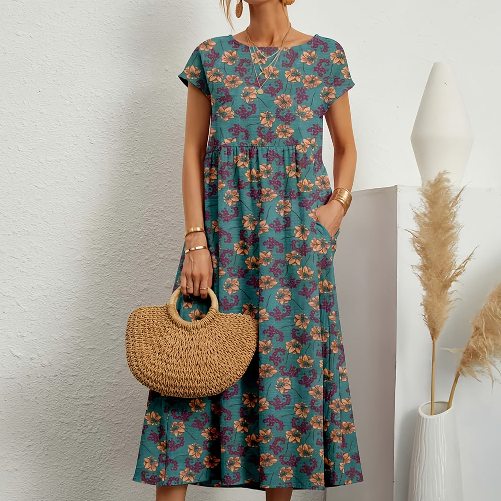 Leinen-Baumwoll-Midikleid: Locker, Kurzarm, Rundhals
