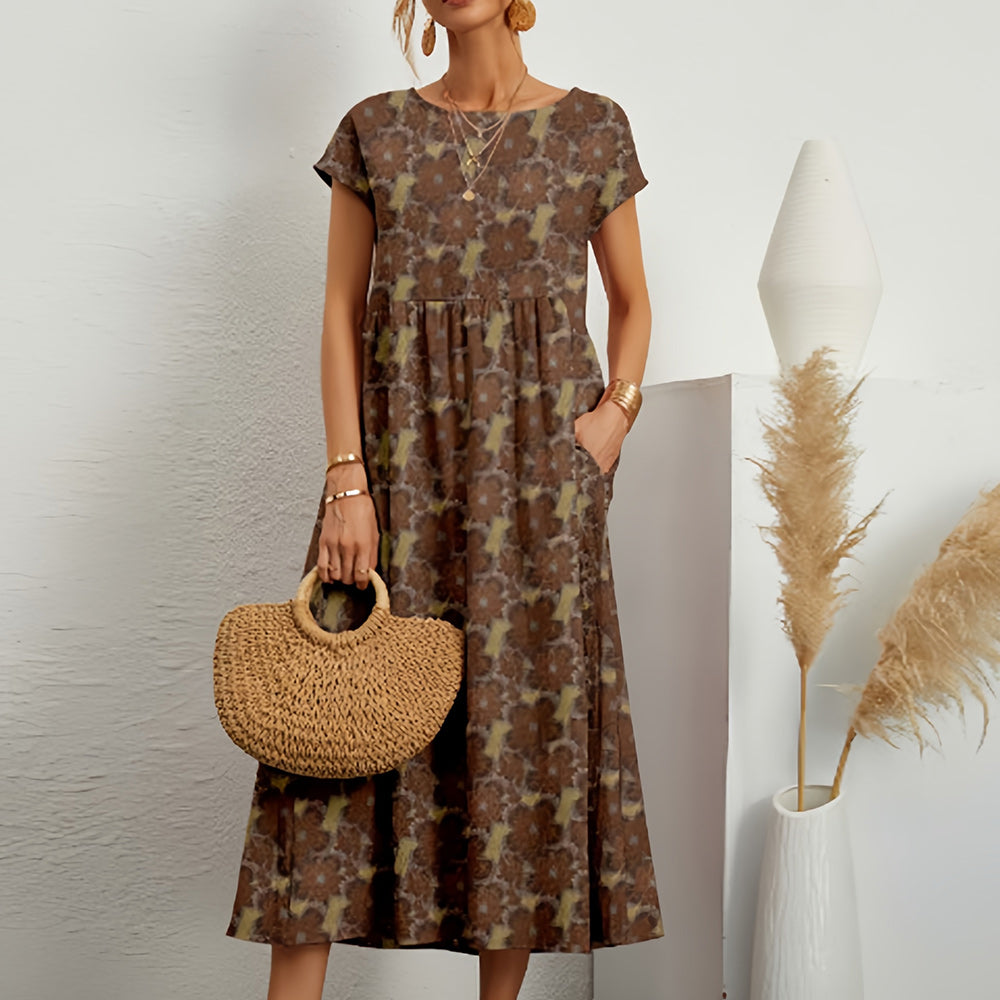 Leinen-Baumwoll-Midikleid: Locker, Kurzarm, Rundhals