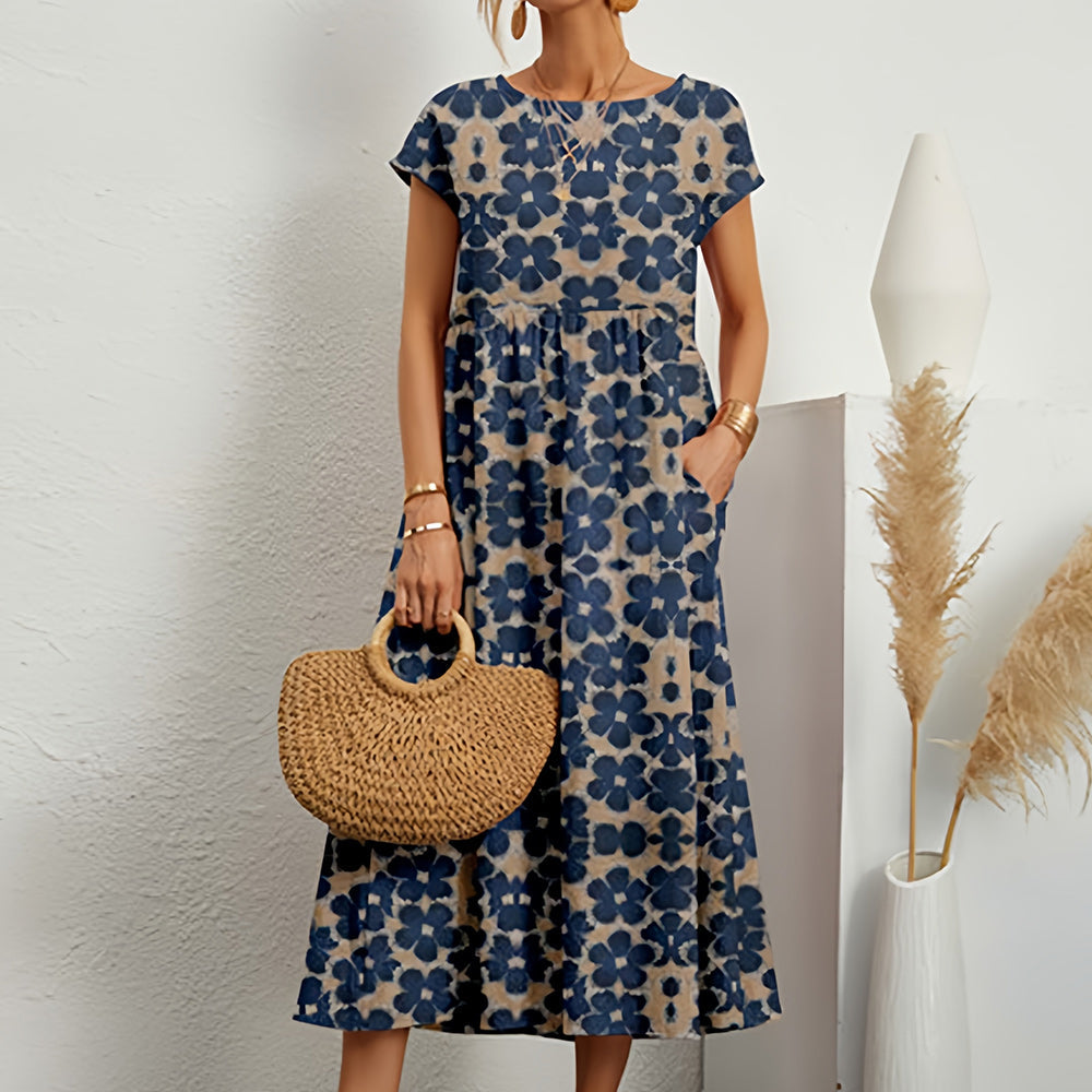 Leinen-Baumwoll-Midikleid: Locker, Kurzarm, Rundhals
