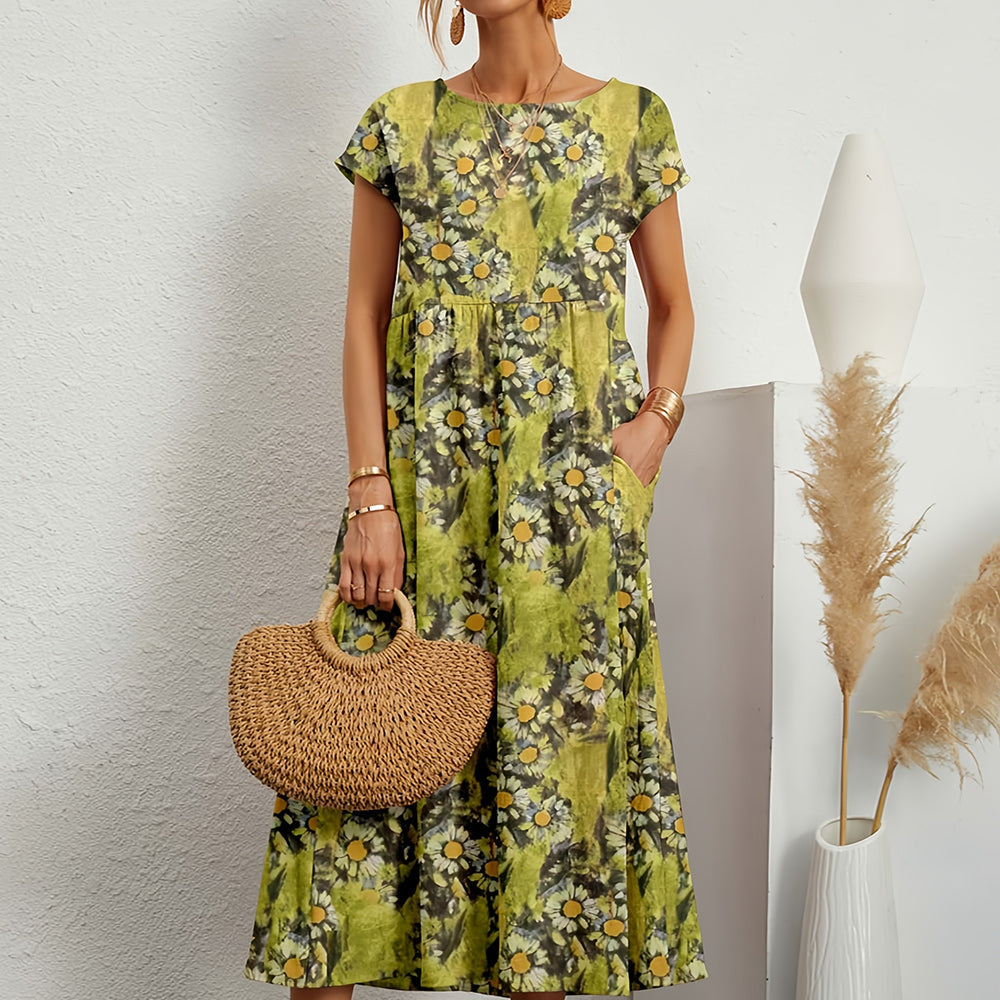 Leinen-Baumwoll-Midikleid: Locker, Kurzarm, Rundhals