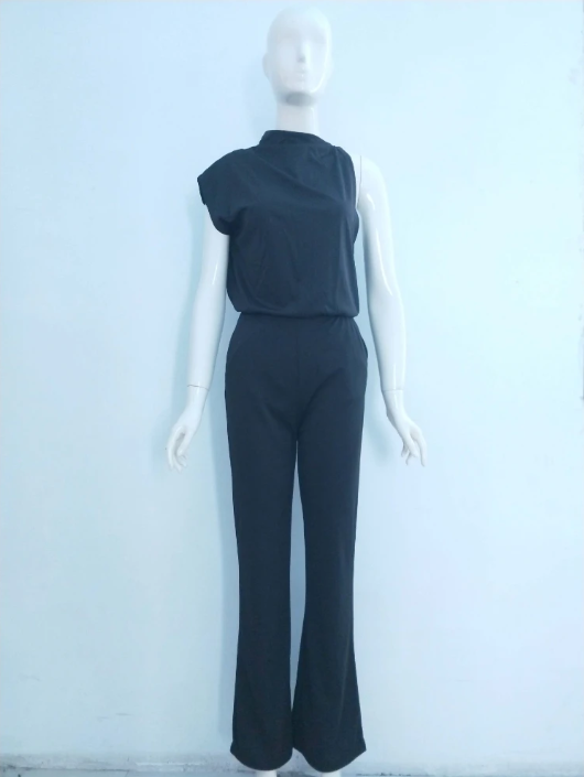 Damen Jumpsuit Rundhals ärmellos weites Bein