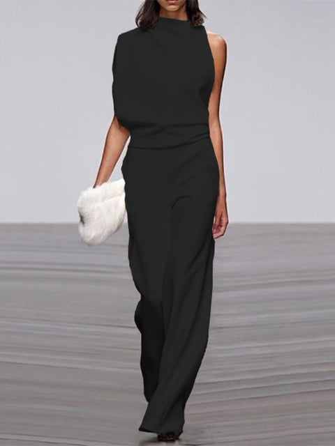 Damen Jumpsuit Rundhals ärmellos weites Bein