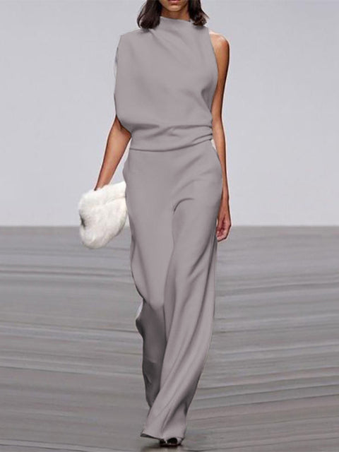 Damen Jumpsuit Rundhals ärmellos weites Bein