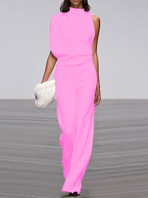 Damen Jumpsuit Rundhals ärmellos weites Bein