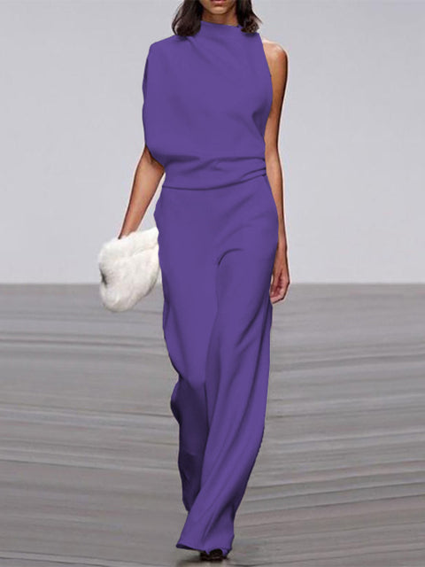 Damen Jumpsuit Rundhals ärmellos weites Bein