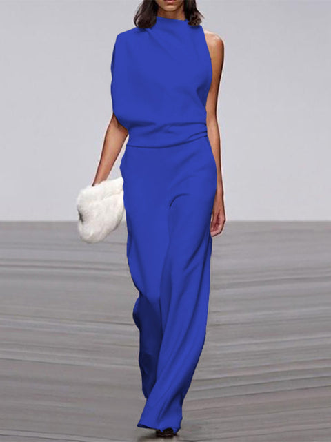 Damen Jumpsuit Rundhals ärmellos weites Bein