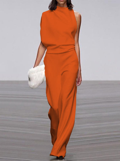 Damen Jumpsuit Rundhals ärmellos weites Bein