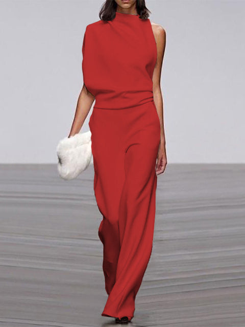 Damen Jumpsuit Rundhals ärmellos weites Bein