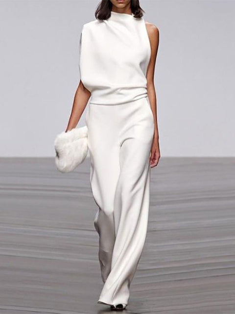Damen Jumpsuit Rundhals ärmellos weites Bein