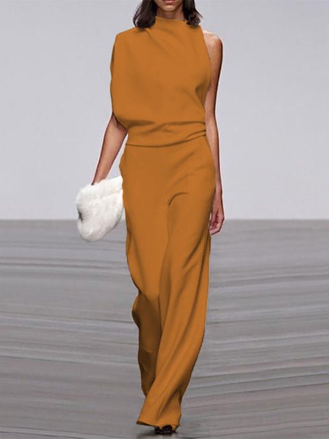 Damen Jumpsuit Rundhals ärmellos weites Bein