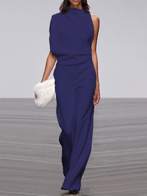Damen Jumpsuit Rundhals ärmellos weites Bein