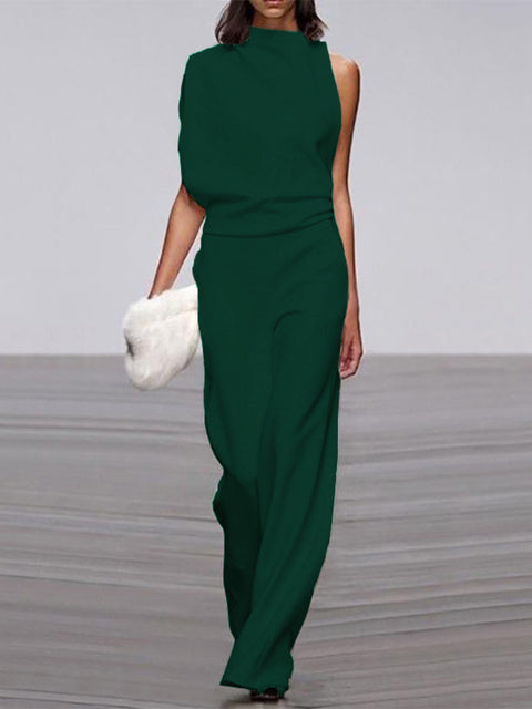 Damen Jumpsuit Rundhals ärmellos weites Bein