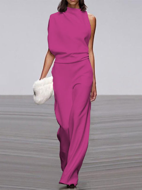 Damen Jumpsuit Rundhals ärmellos weites Bein
