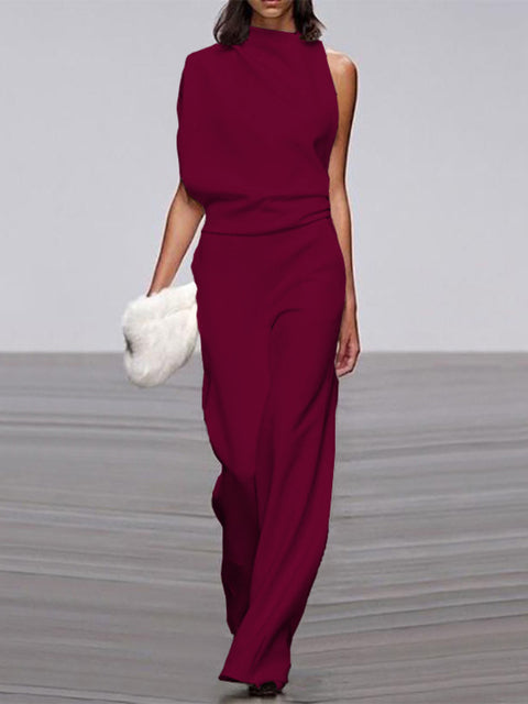 Damen Jumpsuit Rundhals ärmellos weites Bein