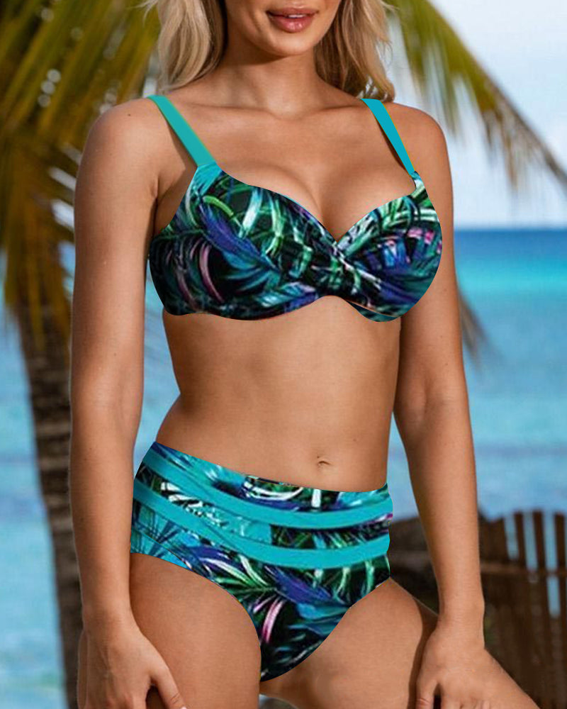 Taillierter Blätter-Bikini - High-Waist