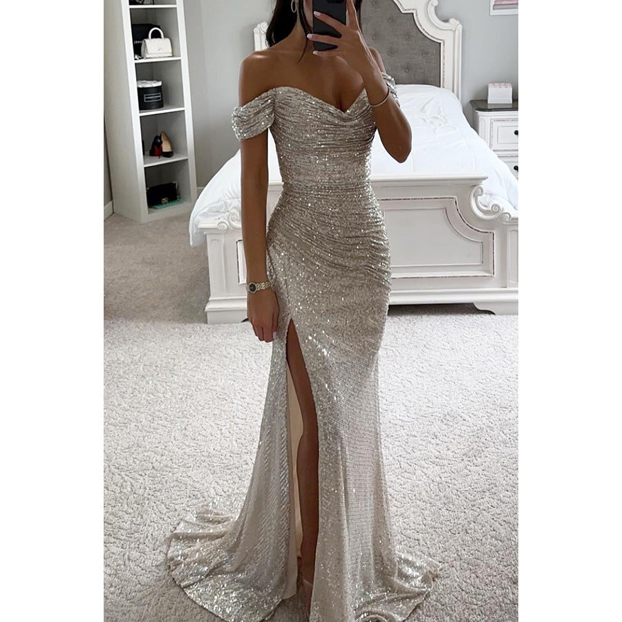 Off-Shoulder Abendkleid mit Pailletten und Schlitz
