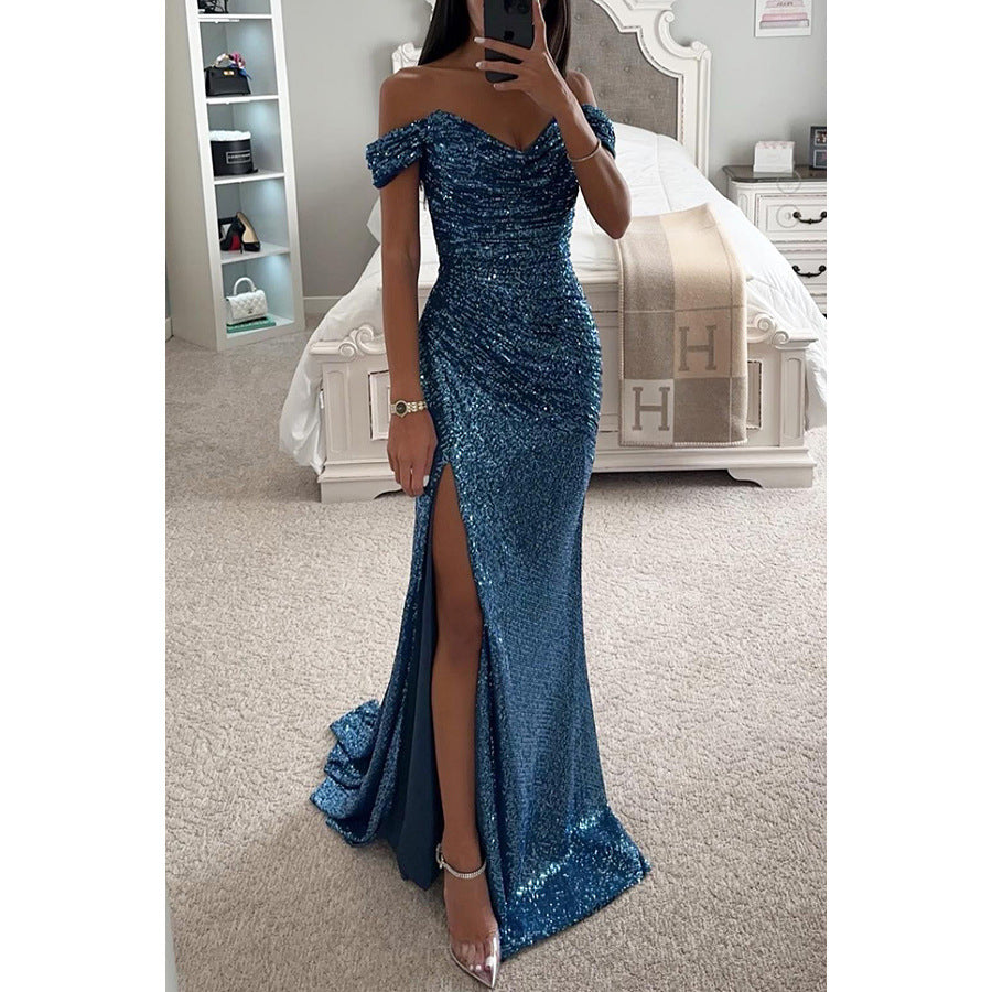 Off-Shoulder Abendkleid mit Pailletten und Schlitz