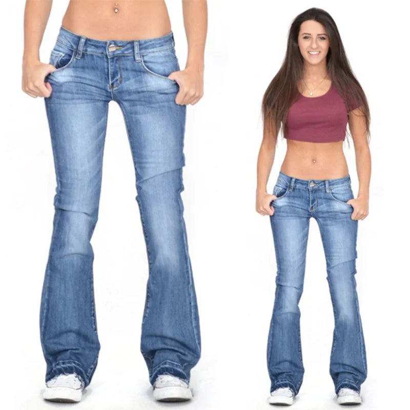 Damen Low Rise Flare Jeans: Vintage Skinny Bell Bottom