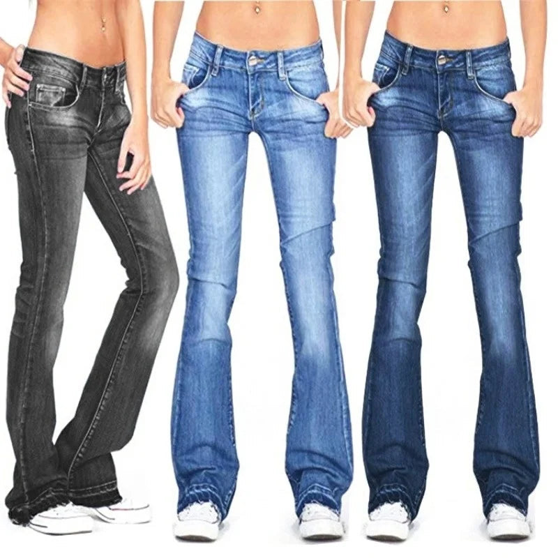 Damen Low Rise Flare Jeans: Vintage Skinny Bell Bottom