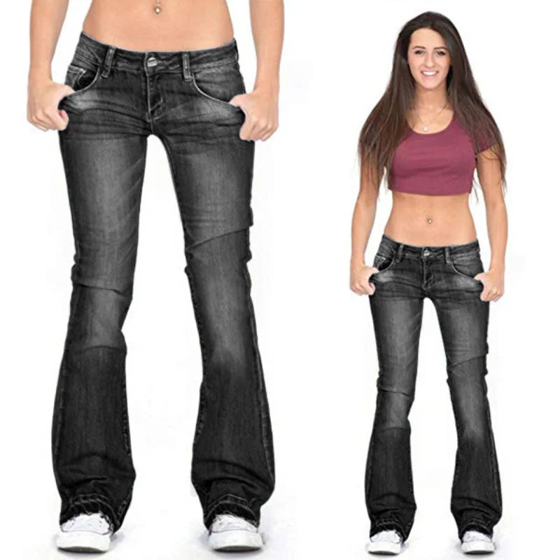 Damen Low Rise Flare Jeans: Vintage Skinny Bell Bottom