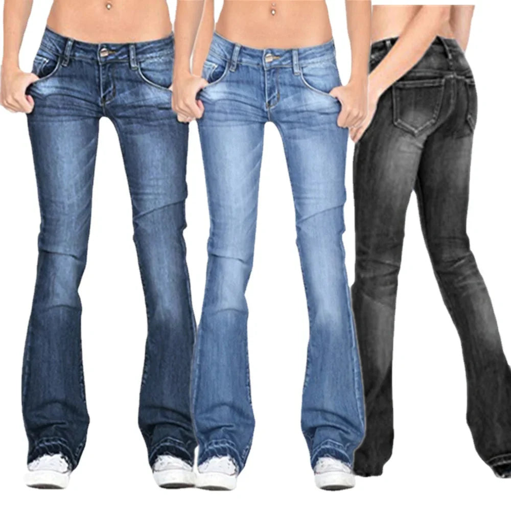 Damen Low Rise Flare Jeans: Vintage Skinny Bell Bottom