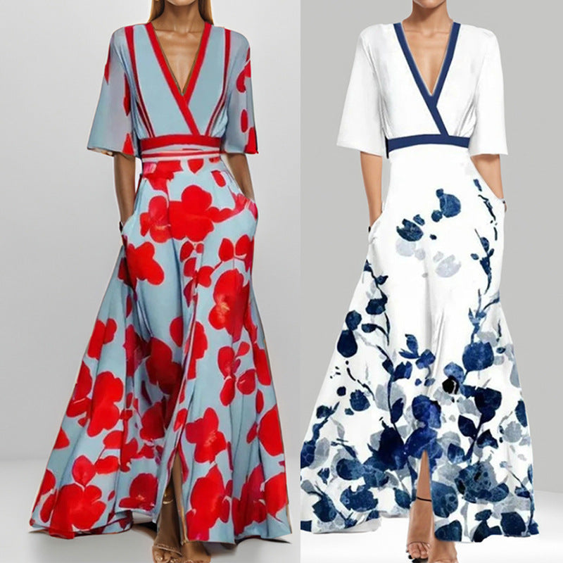 Elegantes V-Ausschnitt Langkleid mit Druck und Schößchen