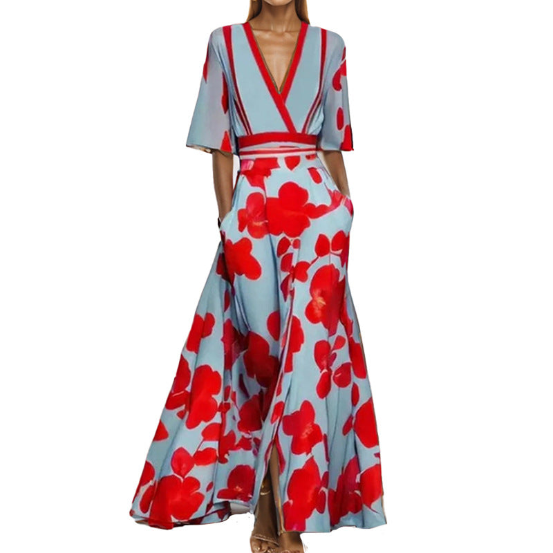 Elegantes V-Ausschnitt Langkleid mit Druck und Schößchen