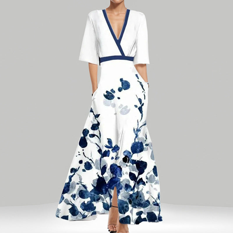 Elegantes V-Ausschnitt Langkleid mit Druck und Schößchen