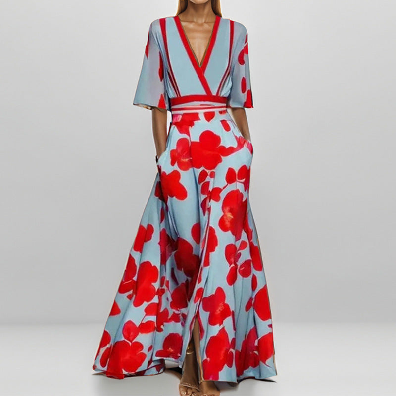 Elegantes V-Ausschnitt Langkleid mit Druck und Schößchen
