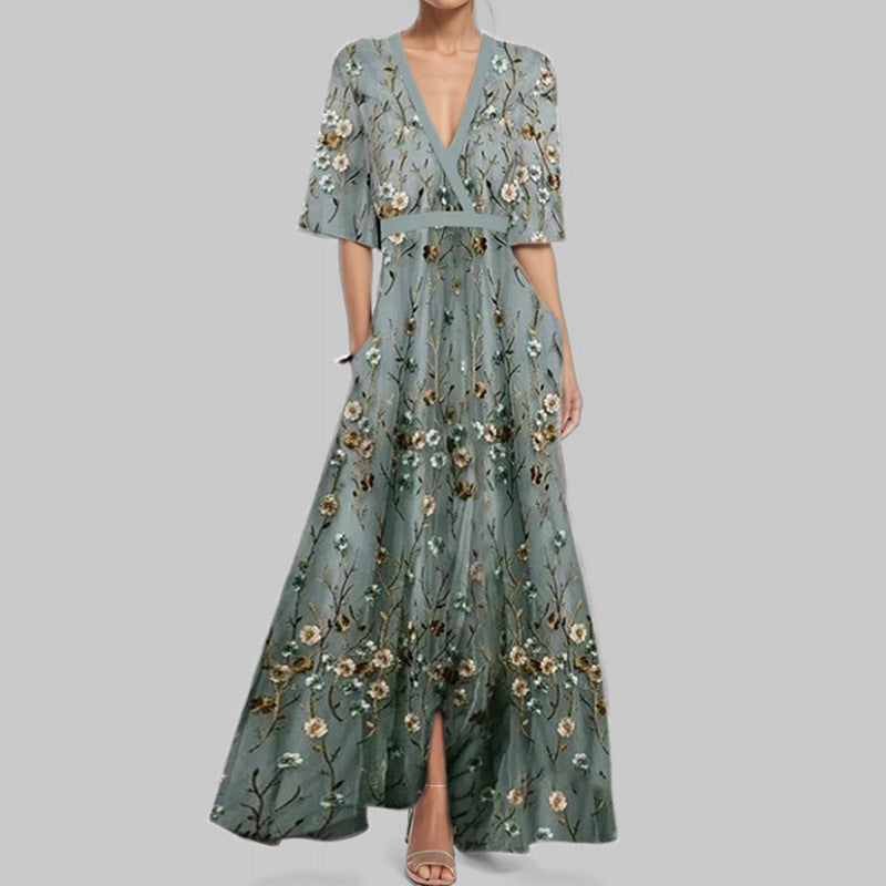 Elegantes V-Ausschnitt Langkleid mit Druck und Schößchen