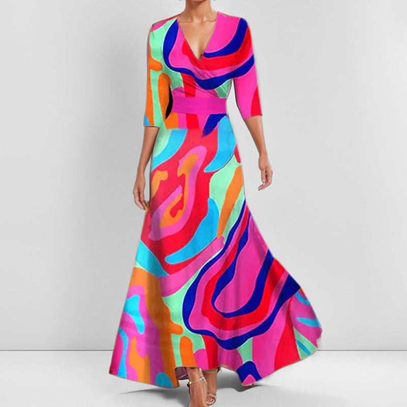 Elegantes V-Ausschnitt Langkleid mit Druck und Schößchen