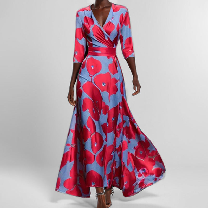 Elegantes V-Ausschnitt Langkleid mit Druck und Schößchen