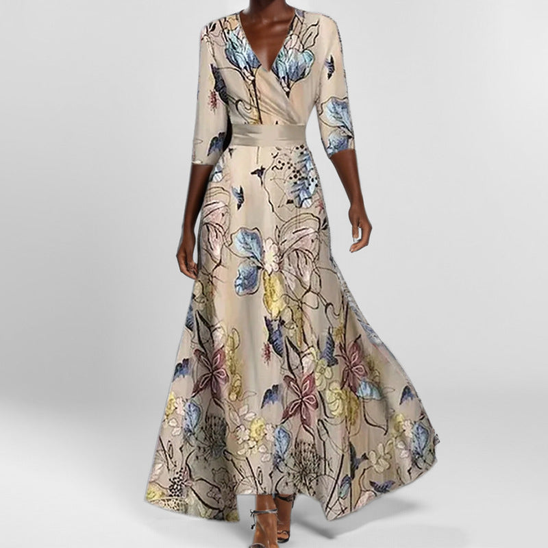 Elegantes V-Ausschnitt Langkleid mit Druck und Schößchen