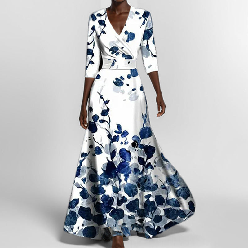 Elegantes V-Ausschnitt Langkleid mit Druck und Schößchen