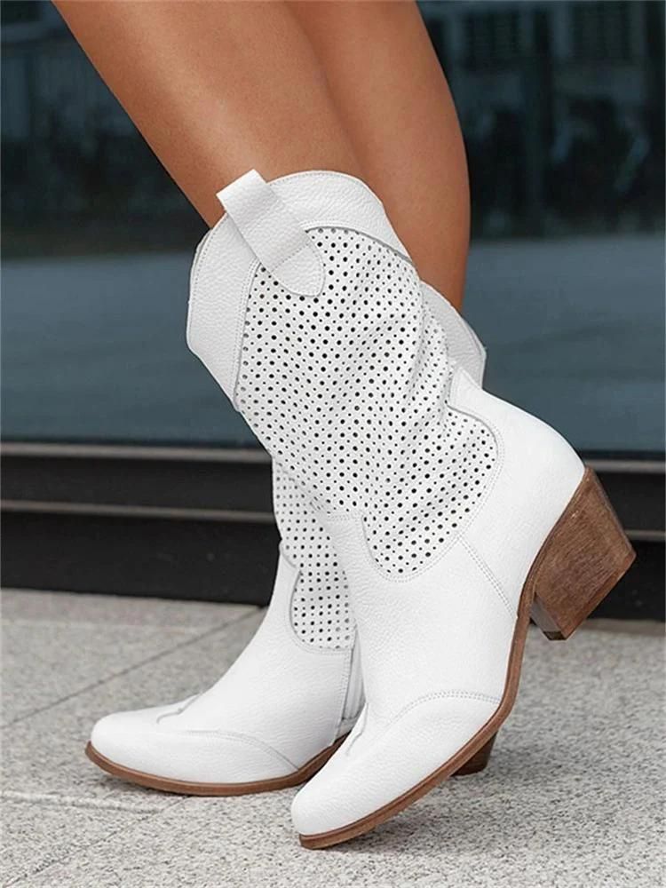 Damenstiefel Cowboy-Stil mit Perforationen und Blockabsatz