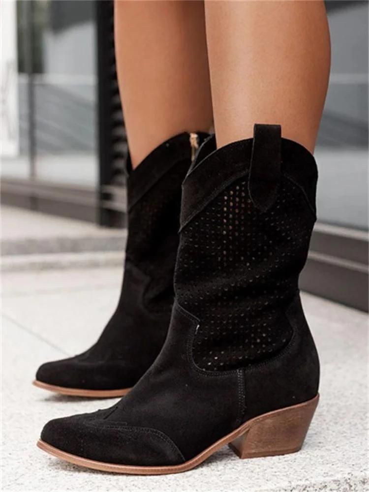 Damenstiefel Cowboy-Stil mit Perforationen und Blockabsatz