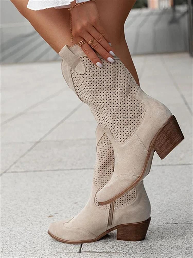 Damenstiefel Cowboy-Stil mit Perforationen und Blockabsatz
