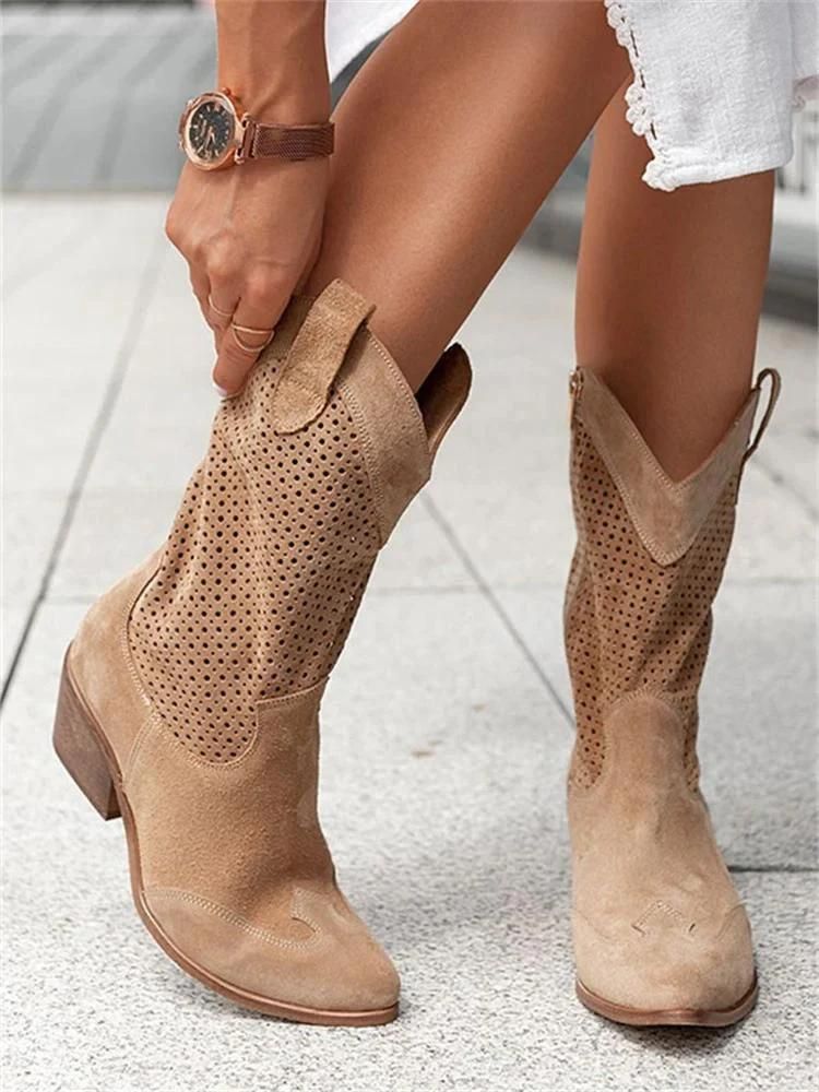 Damenstiefel Cowboy-Stil mit Perforationen und Blockabsatz