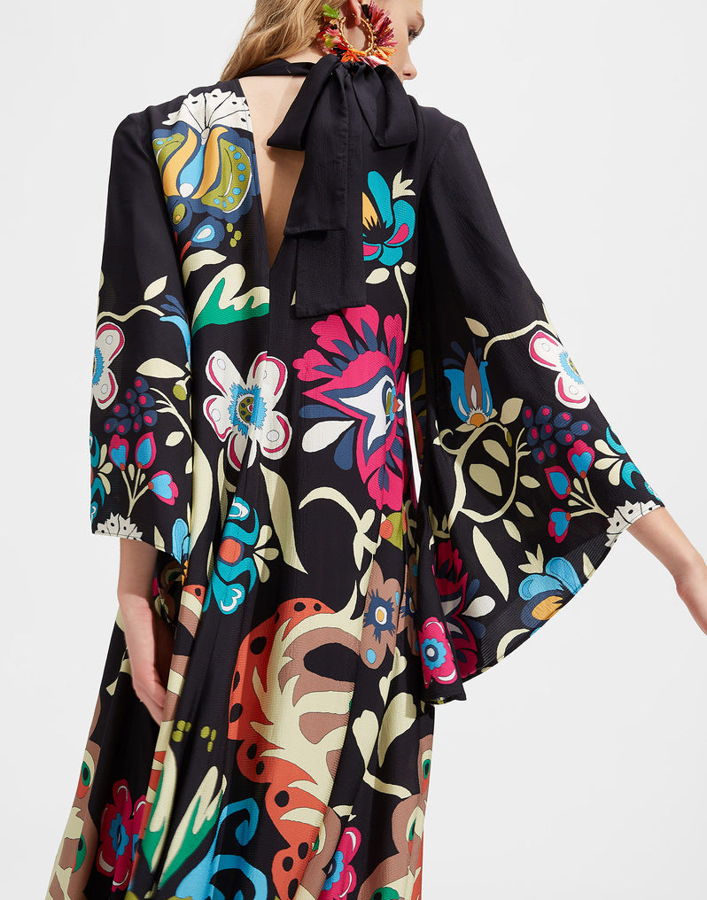 Gedrucktes Dreiviertelarm-Maxikleid mit 3D-Effekt