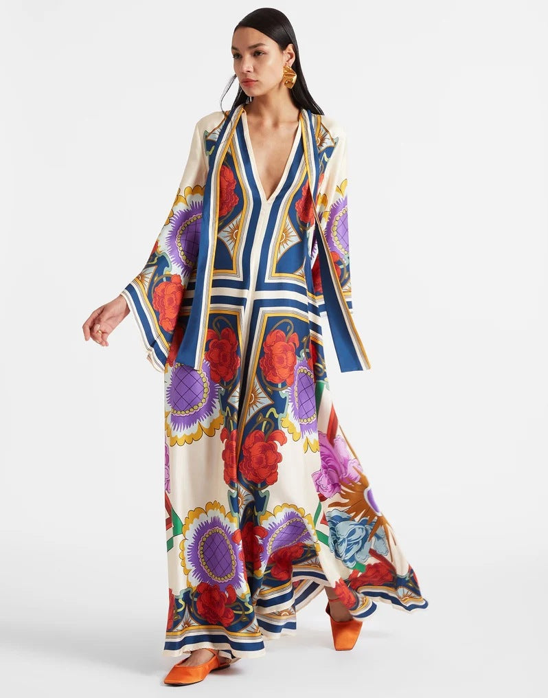 Gedrucktes Dreiviertelarm-Maxikleid mit 3D-Effekt